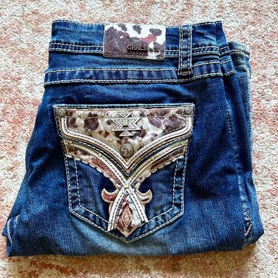 Grace In LA Women's Size 32 Jeans Bootcut Western Cow Print Embroidered Pockets