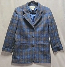 Vintage Eddie Bauer Women's Blazer Jacket Coat 100% Wool Blue Plaid Size Small