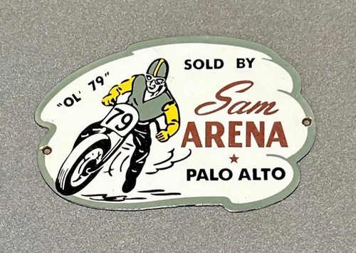VINTAGE SAM ARENA RACING PLATE PORCELAIN SIGN GAS OIL CAR TRUCK MOTORCYCLE