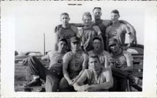 1955 Photo of 9 Soldiers in Unit T-Shirts Grouped on Benches Beside Car