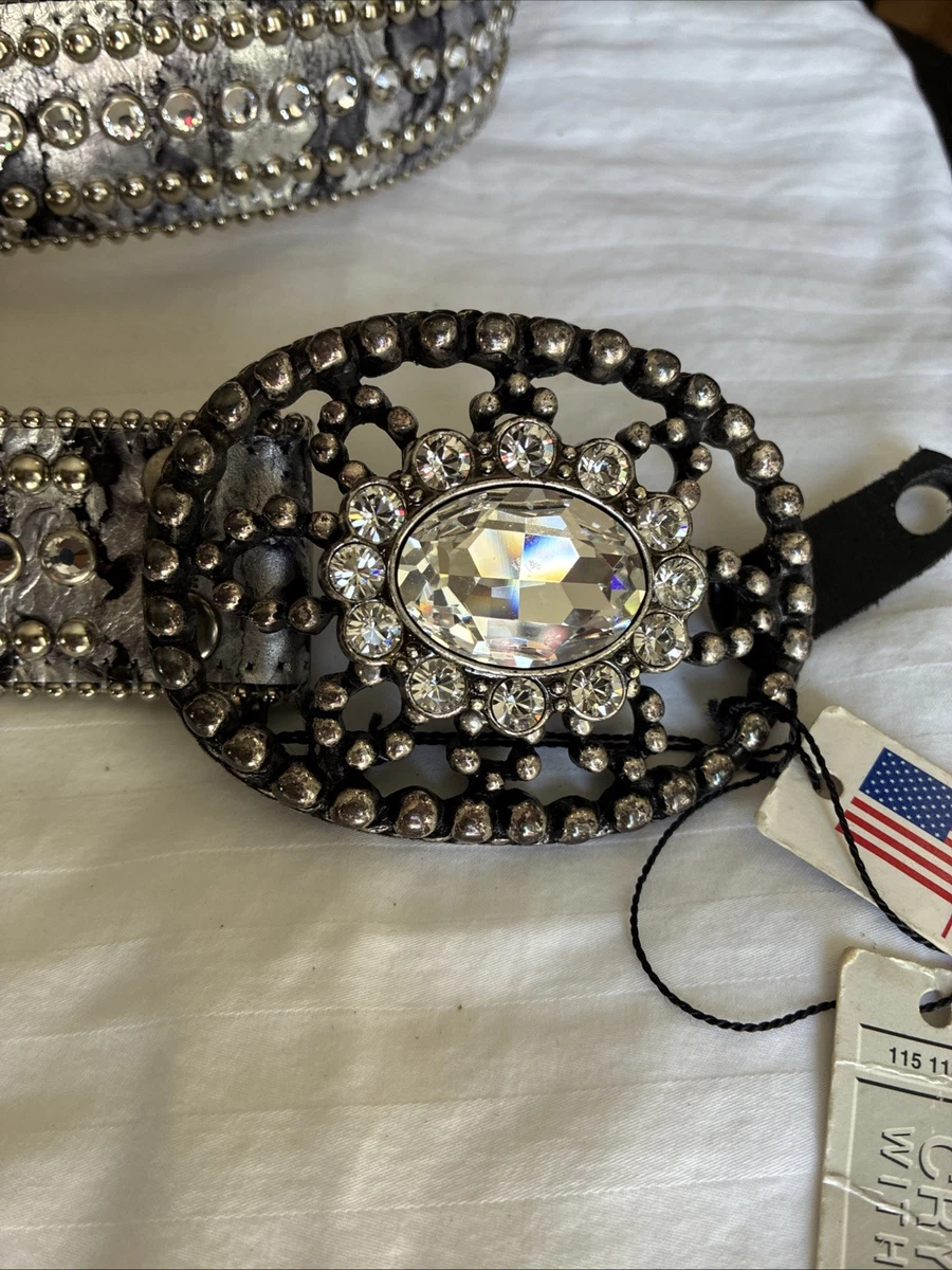 B.B. SIMON Crayola leather Swarovski Crystal silver bling statement belt Size XL bb Simon Swarovski Crystals Italian Leather Belts Made in USA main image 2