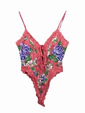 Vintage 80s Victoria's Secret Bodysuit Pink Gold Tag Teddy Floral Lace Bow Sz M