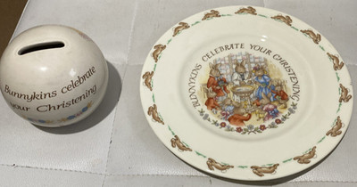 royal doulton bunnykins feiern Sie Ihre Taufe Spardose und Teller