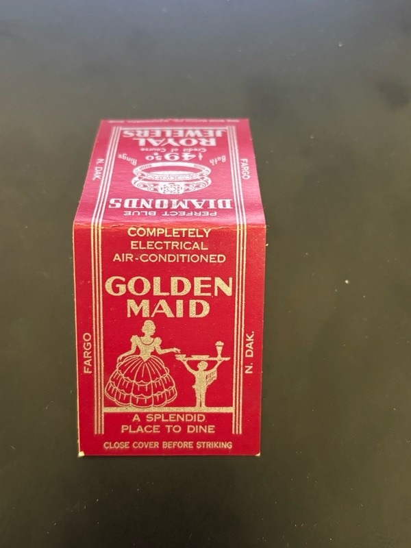 1930s Fargo ND Advertising Matchbook Royal Jewelers / Golden Maid Restaurant ☕️