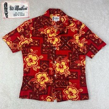 Vintage 60  s Ui-Maikai Hawaiian Men  s Red Hibiscus Floral Barkcloth Camp Shirt M