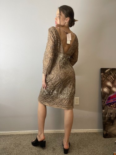 Sue Wong Taupe V-Neck Beaded Cocktail Dress 12 - Picture 10 of 17