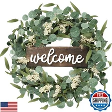 Sggvecsy Green Artificial Eucalyptus Wreath with Welcome Sign 20in Spring Sum