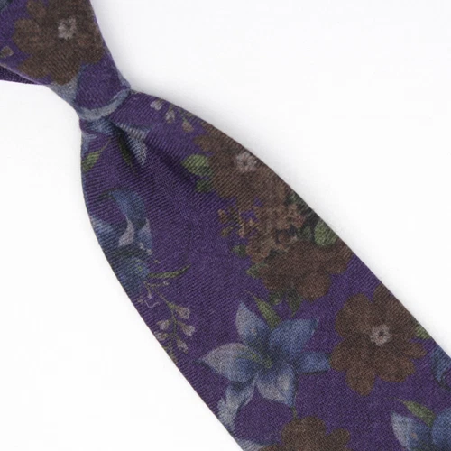 Josiah France Mens Wool Necktie Purple Brown Blue Green Floral Print Tie Italy