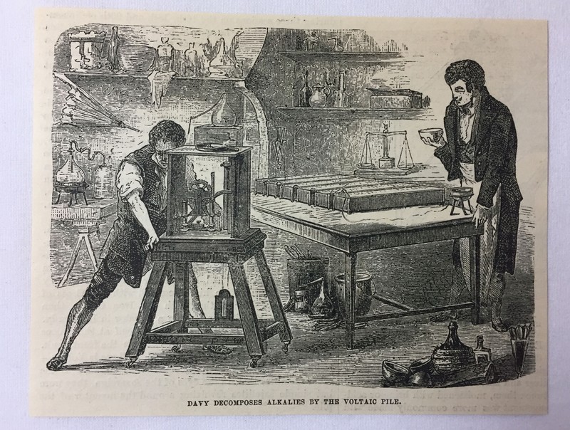 1878 magazine engraving ~ HUMPHRY DAVY decomposes alkalies by the VOLTAIC PILE