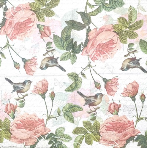 S300# 3 servilletas de papel pequeñas individuales para decoupage pájaro con rosas collage de guiones - Imagen 3 de 4