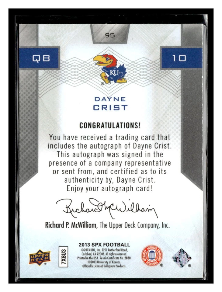 DAYNE CRIST 2013 SPX AUTOGRAPH /299 AUTO - Image 2 of 2