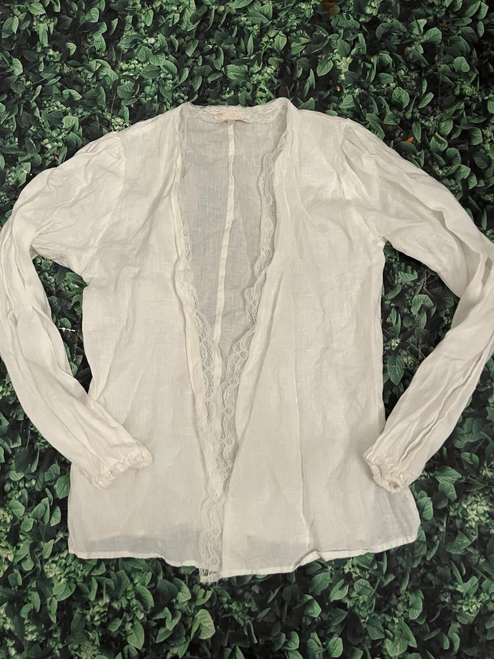 Gold Hawk 开襟亚麻上衣 Xs 奶油色白色长袖蕾丝边