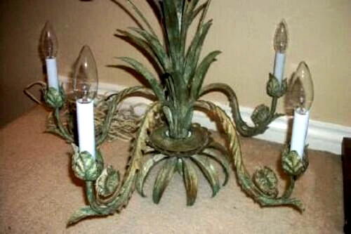 Italian Tole Hollywood Regency Chandelier Swag Lamp Tulips Verde Gris Italy Tag - Image 3 of 4