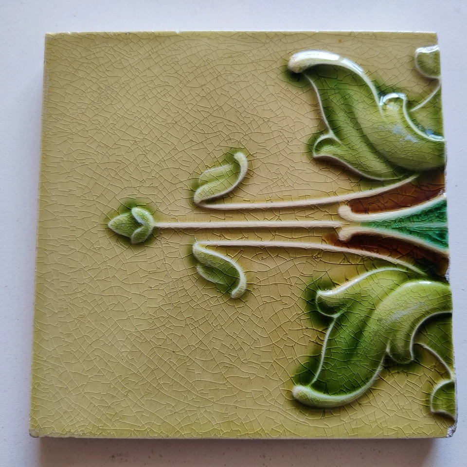 Vintage Embossed Leafy Design Majolica Art 8 Pcs Architecture Tile Japan CT52 - image 3 of 4