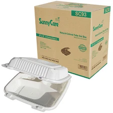 SunnyCare® 9" x 9" x 3 Biodegradable Natural -3 Compartment Take Out Box- 200