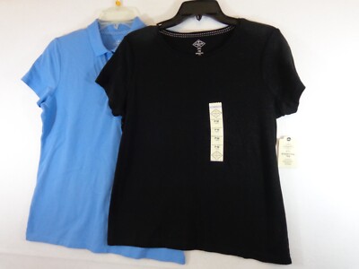 St. John's Bay Short Sleeve Essential T Shirt Sz PM Black Blue Women  Lot of 2