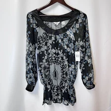 NWT Capacity Unlimited Womens Black Gray Teal Graphic Medium Sheer Blouse