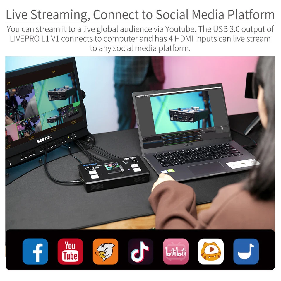 FEELWORLD LIVEPRO L1 V1 Live Stream Mixer 4 HDMI Input Video Production Switcher - Image 2 of 4