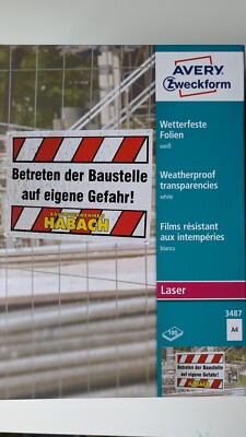 Wetterfeste Folie A4, 0,13 mm weiß, 100 Stück, Avery Zweckform 3487