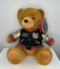 FAO Schwarz Brown Teddy Bear Plush Black Letterman Jacket Stuffed Animal NEW