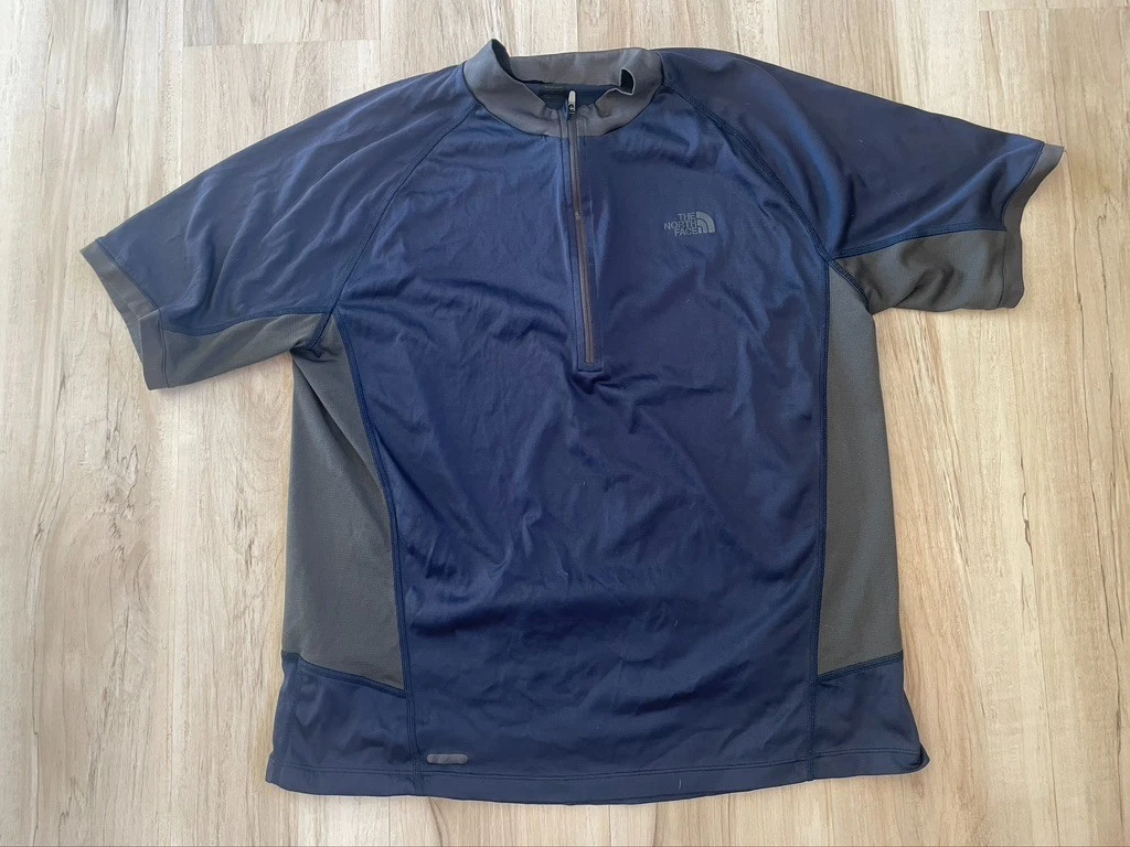 The North Face men L biking hiking quick dry shirt zip pocket blue breathable