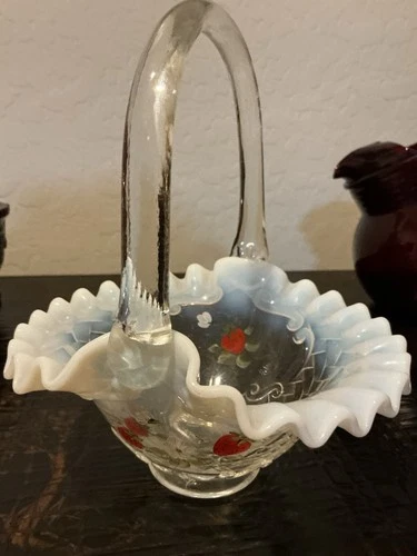 Hand Painted Vintage Fenton Milk Glass Basket