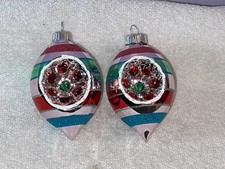 Christmas ornaments set of 2 glass Radko Shiny brite indent teardrops striped