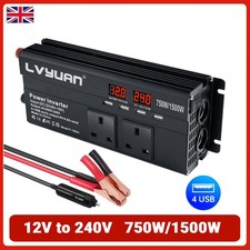 750W 1500W Car Converter Power Inverter DC 12V to AC 240V 4USB 2LED Trip Black