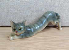 Vintage Stretching Grey Tabby Cat Figure Model Ornament Collectible - 6 x 16cm