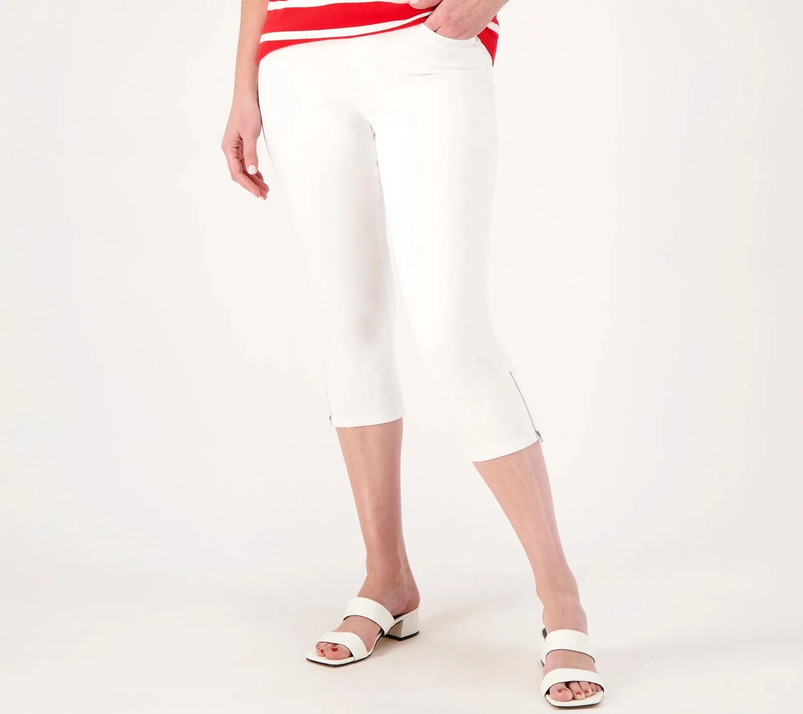 Laurie Felt Wave Denim 5-Pocket Capri with Zipper Detail White 8 New
