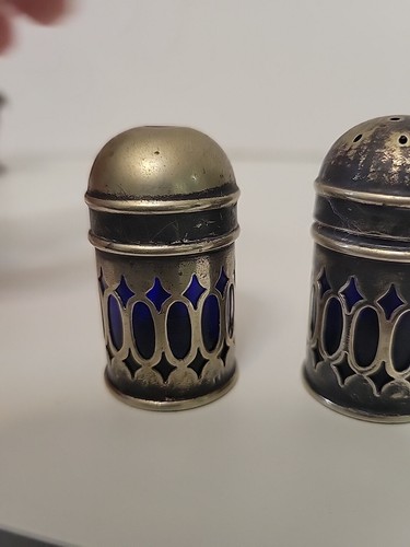 Oval Silver EPNS lattice Filigree Blue Cobalt Glass Salt Pepper Shakers ENGLAND - Picture 6 of 20