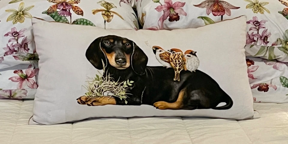 Creative Co-op Dachshund Dog with Birds Lumbar 26"x14” Pillow, New, Sealed Bag - Image 3 of 4