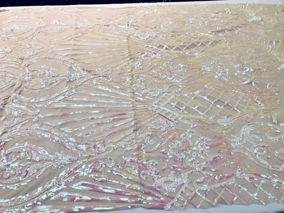 PINK IRIDESCENT DAMASK SEQUINS DESIGN ON A 4 WAY STRETCH NUDE MESH-BY YARD. - Image 3 of 4