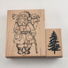 2 Christmas Rubber Stamp Set Santa with Animal Friends  Pine Tree Wood