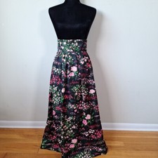 Vtg 70s High Waist Black Pink Rose Floral Maxi Skirt Mod Hippie Size Small