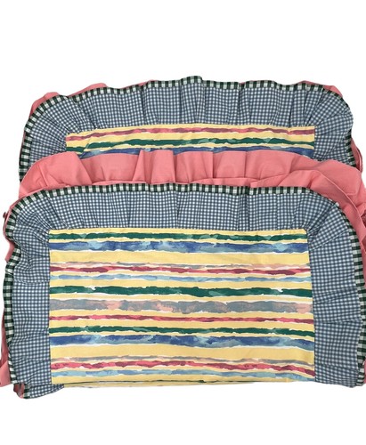 Pepperell Pillow Shams Abstract Gingham Ruffle Island Farm Coastal Blue Coral - Picture 9 of 10