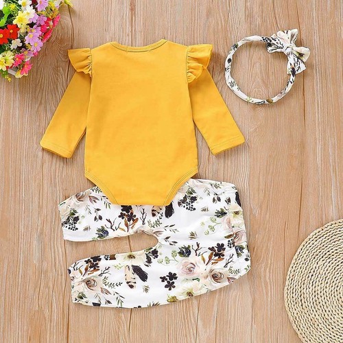 Baby Mädchen Strampler Tops Overall Blumen Hose Stirnband Kleidung Outfits Set - Bild 6 von 14