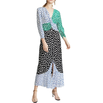 O.p.t Cope Patchwork Polka Dot Ruffle Twist Front Maxi Dress Size XS  Colorblock | eBay