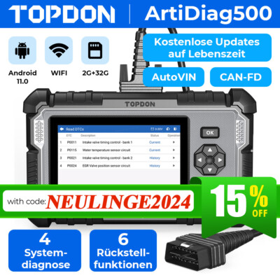2024 TOPDON ArtiDiag500 KFZ OBD2 Diagnosegerät 6 Services 4 System CAN-FD 32GB