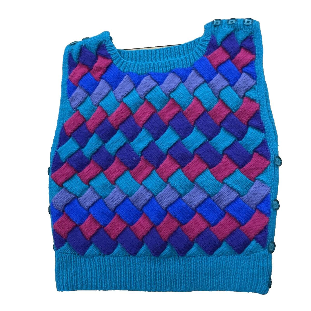 Hand Knit Vest Women M Buttons AquaBerry Teal Bright Boho