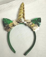 Green And Gold Unicorn Sparkle Ears Headband Halloween EUC