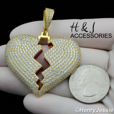 MEN 925 STERLING SILVER ICY BLING CZ 3D GOLD PLATED BROKEN HEART