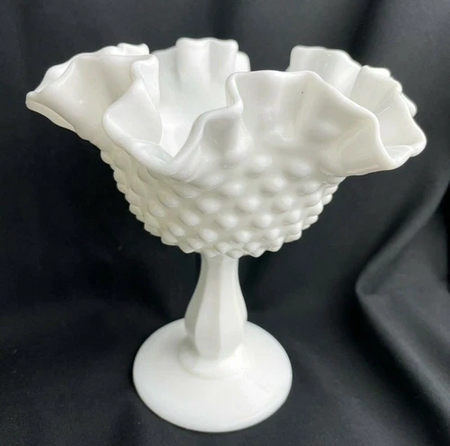 Vintage Milk Glass Pedestal Compote Ruffled Hobnail Candy Dish Jar White