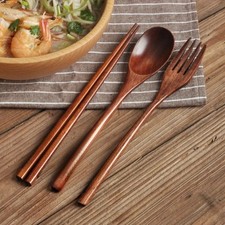 Portable Wooden Cutlery Set Spoon Fork Chopsticks Eco Travel Utensils Kit UK