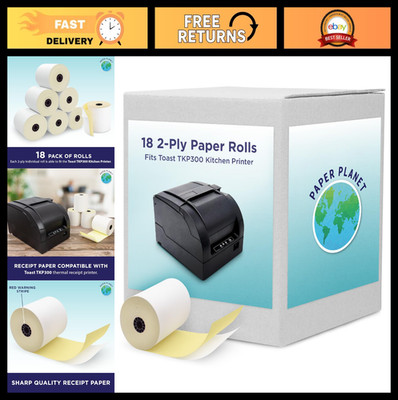 2-Ply Carbonless Paper Rolls for Toast Kitchen Printer - 18 White/Yellow Rolls