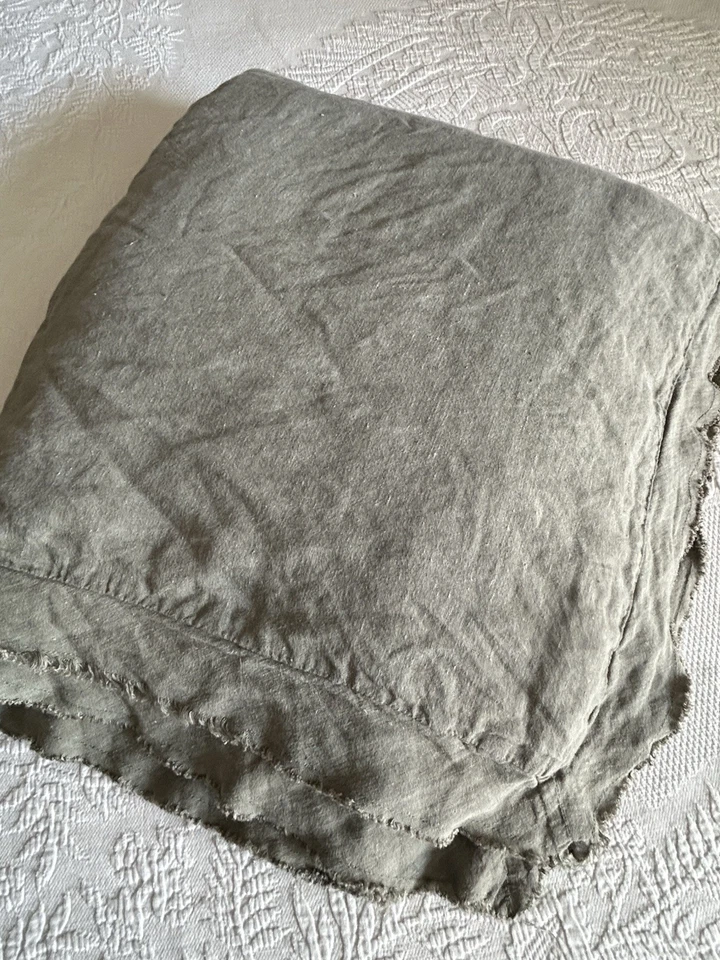 Pottery Barn Belgian Flax Duvet Cover Loden Green Fringe Linen Ruffle King/CK - Image 2 of 4