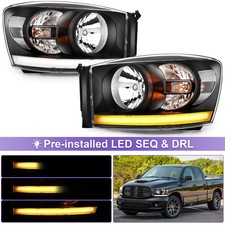 For 2006-2009 Dodge Ram 1500 2500 3500 Headlights Pickup Black Housing Wled Drl