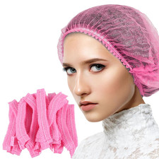 100 Pcs Disposable Non-Woven Pink Bouffant Caps by  100 Latex Free, Non-Pleat