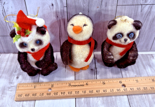(3) Vintage beflocktes Tier Weihnachtsschmuck MCM Kitsch 3 -4 Zoll Pinguin, Pandabären - Bild 8 von 9