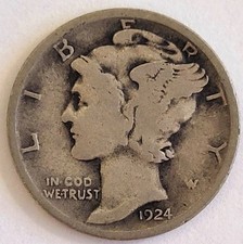 1924 P Mercury Silver Dime Circulated Good G Very Good Vg 1924 P Mercury Silver Dime Circulated Good G Very Good Vg